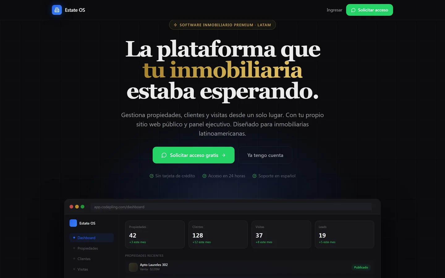 Estate OS: panel de gestión inmobiliaria con propiedades, clientes, visitas y leads